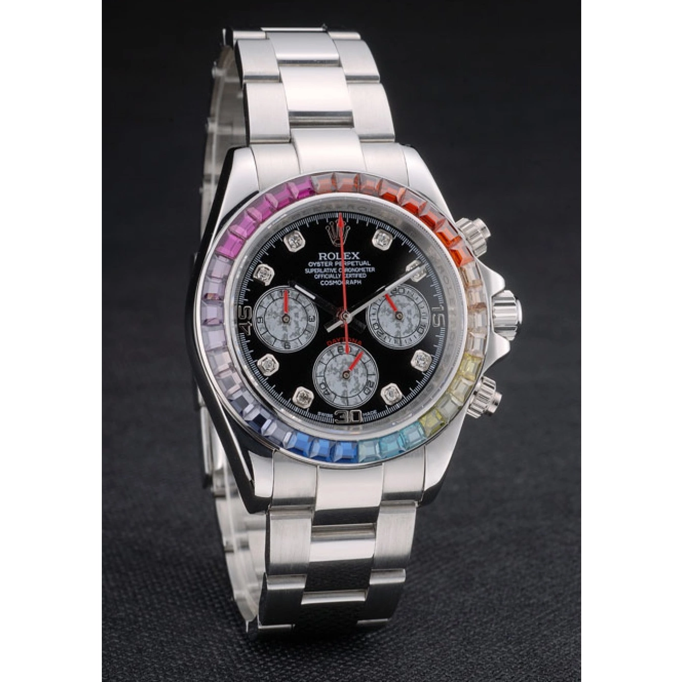 AAA Replica Watches Rainbow Rolex Strap Steep Dial 80250 Daytona Black Cosmograph Stainless Crystals Bezel 0728